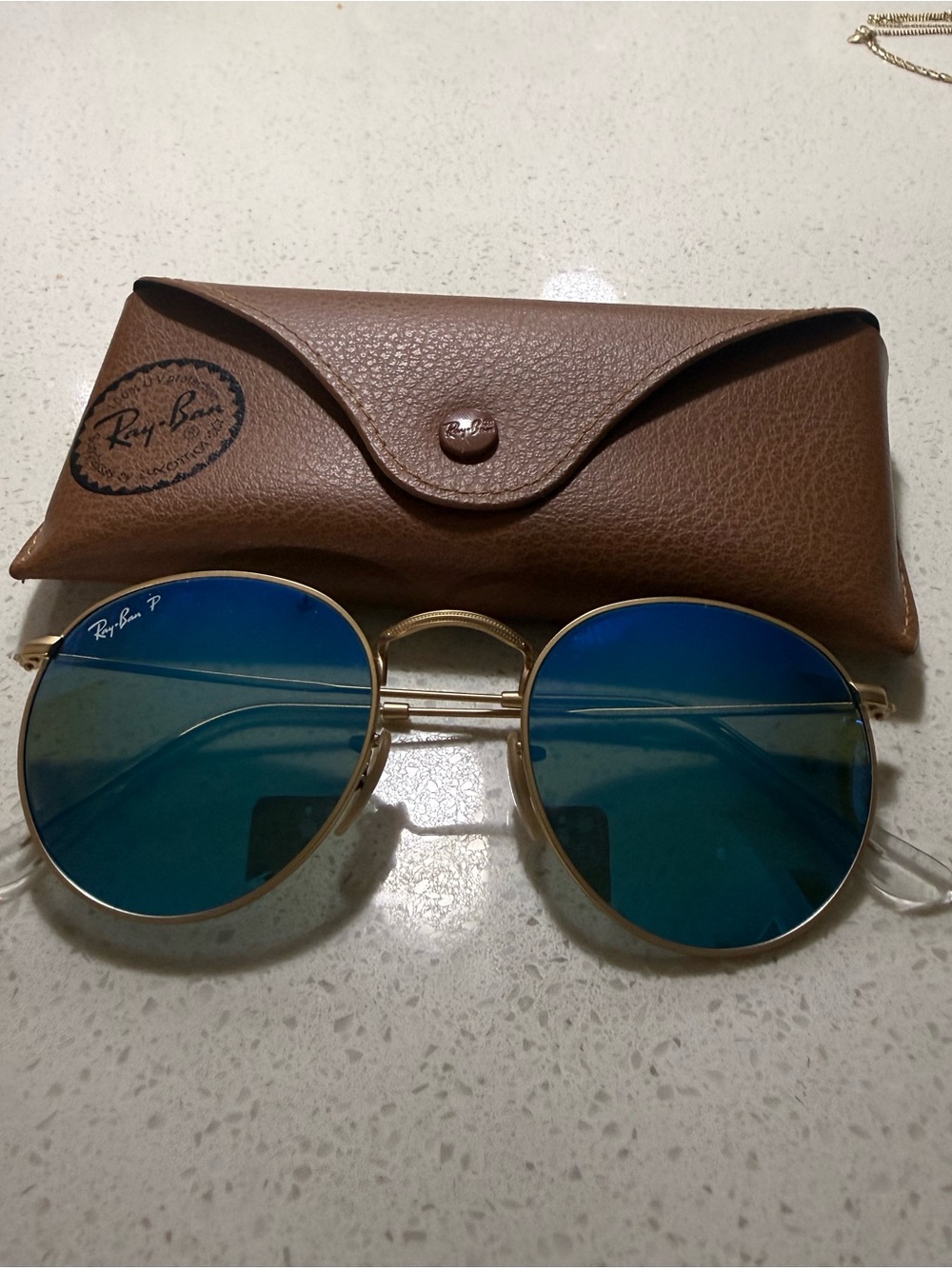 Ray-Ban Gold Frame Sunglasses with Blue Mirrored Lenses